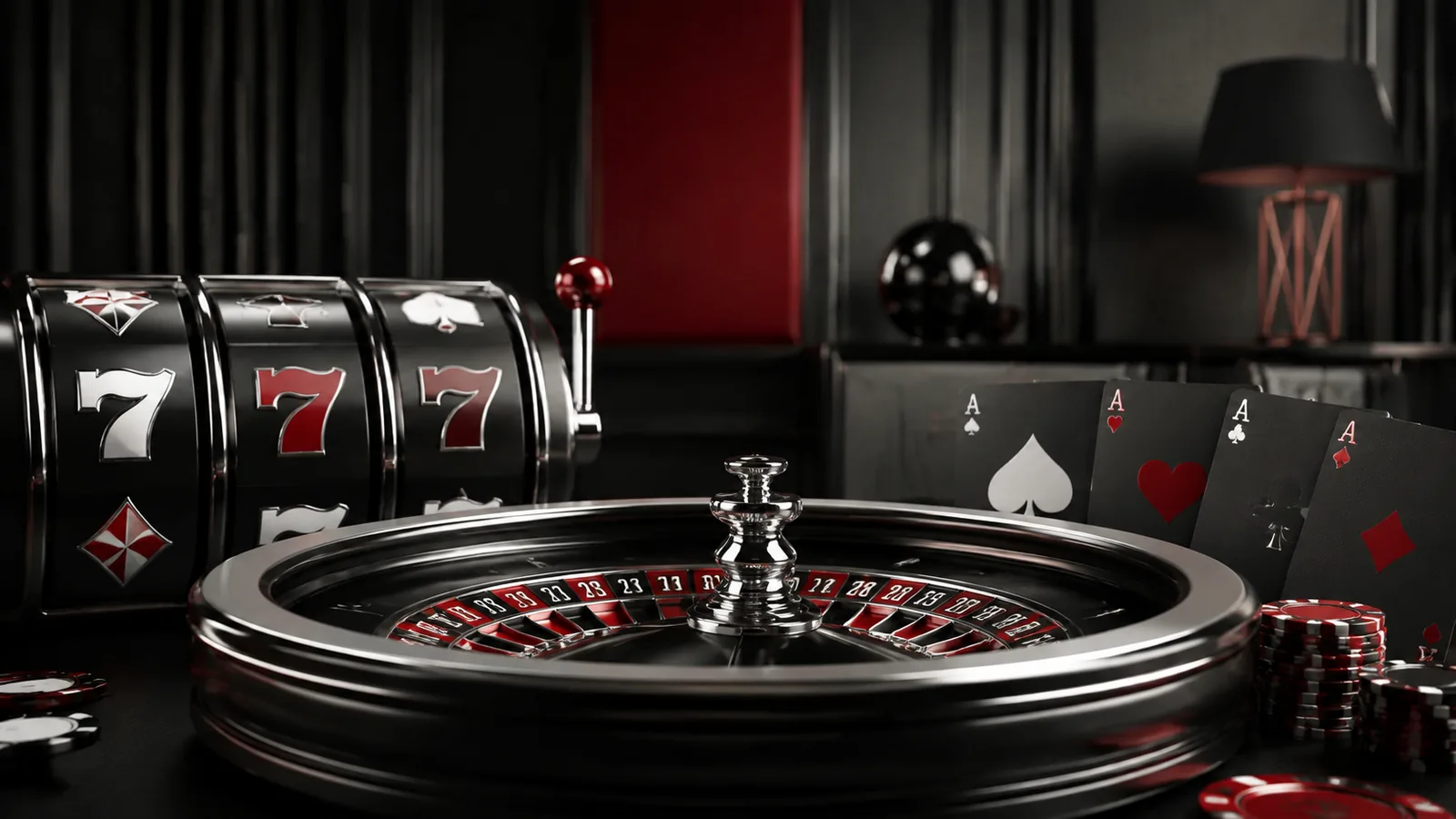 Ilustrasi editorial lobi kasino daring dengan slot, roulette, dan kartu