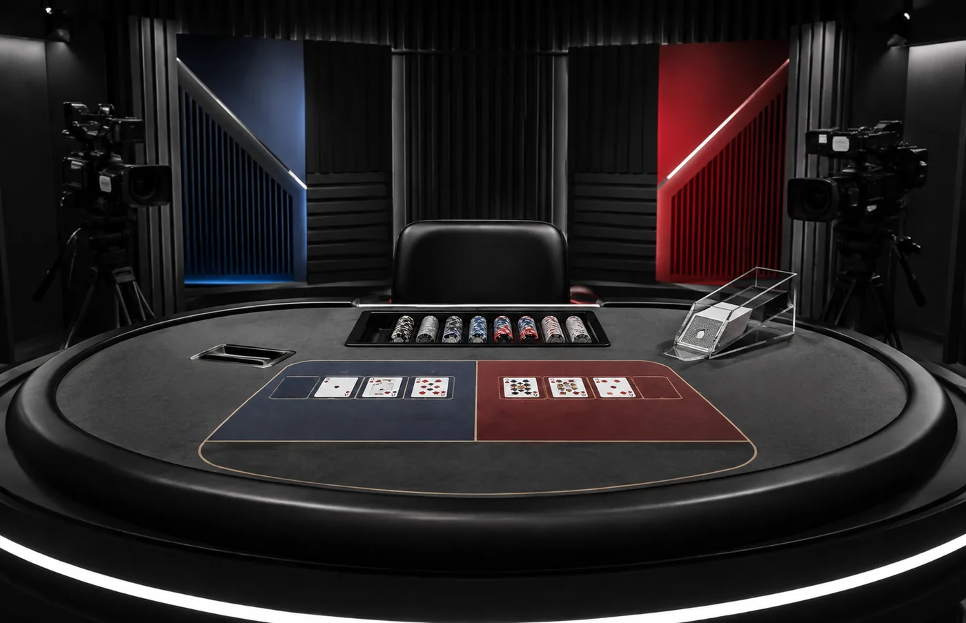 Meja live casino generik dengan kartu baccarat dan panel status ronde